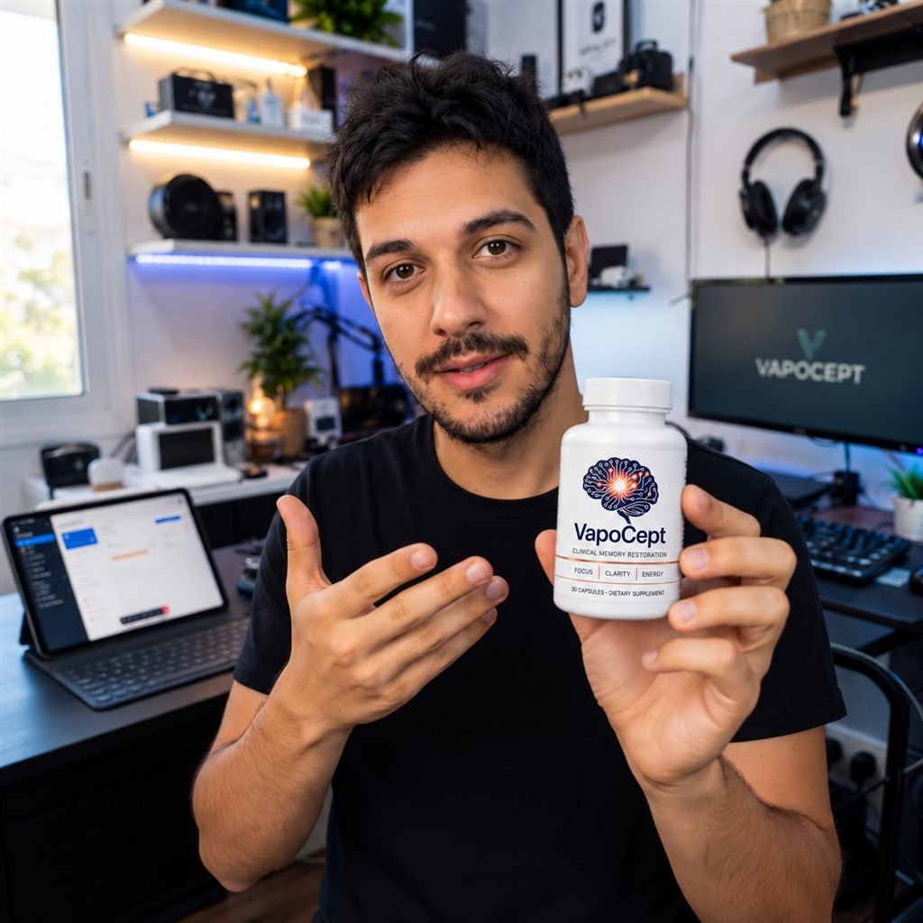 Marcus Chen holding VapoCept in his workspace
